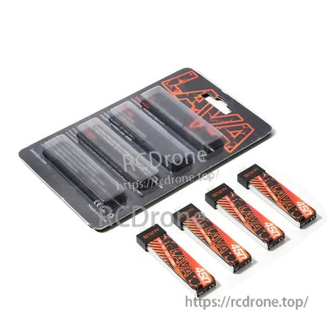 BetaFPV LAVA 1S 450mAh 75C LiHV battery pack includes 4 batteries in retail packaging with BT2.0 connectors