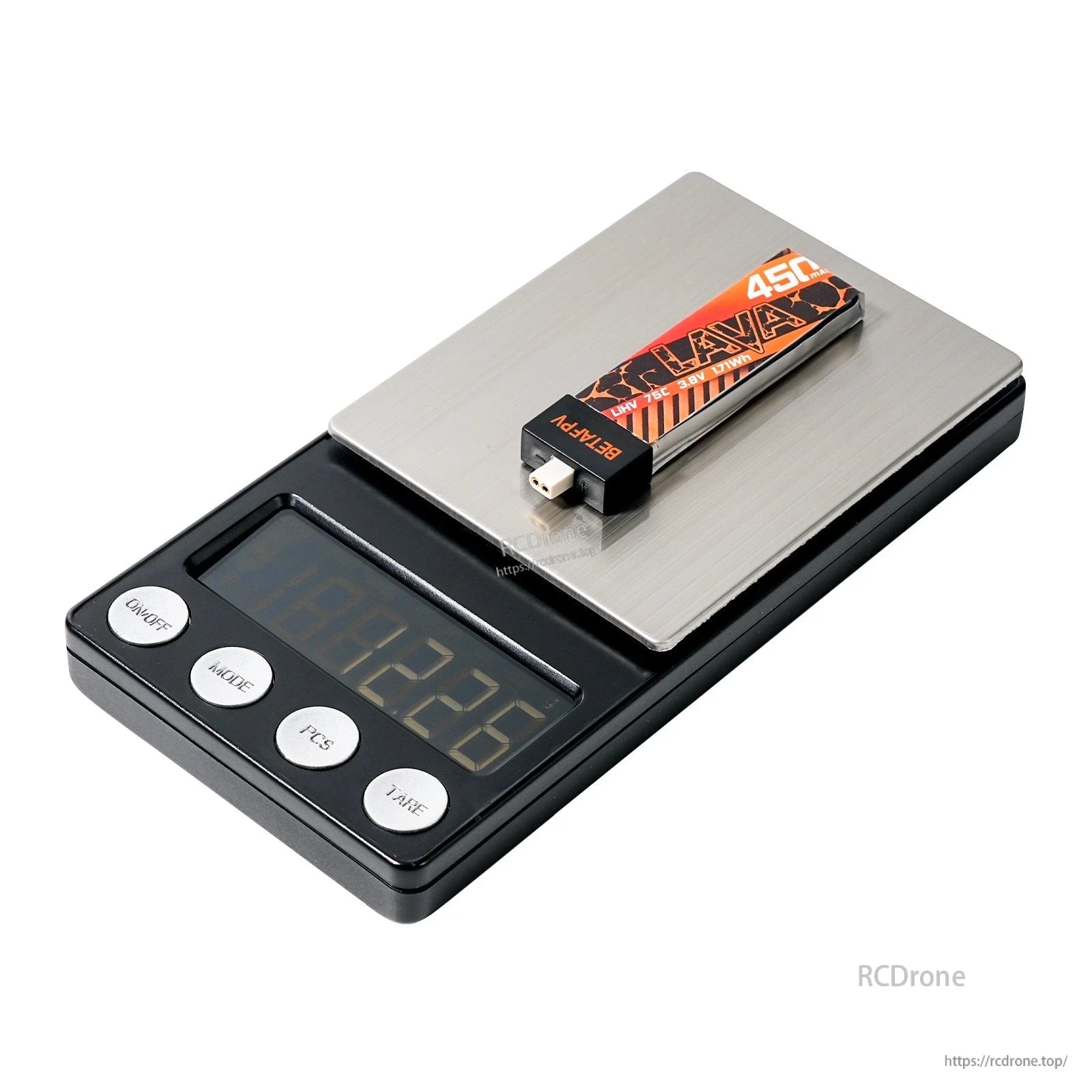 Single LAVA 450mAh 1S battery shown on a digital scale for weight measurement, BT2.0 plug