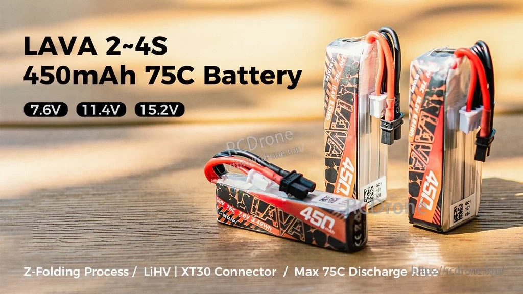 BetaFPV LAVA 2S–4S 450mAh 75C LiHV battery with XT30 lead, LAVA Series pack