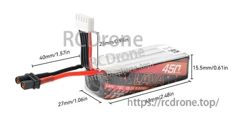 LAVA 4S 450mAh LiHV battery dimension guide (63×15.5×27mm) with XT30 connector and 16AWG wire