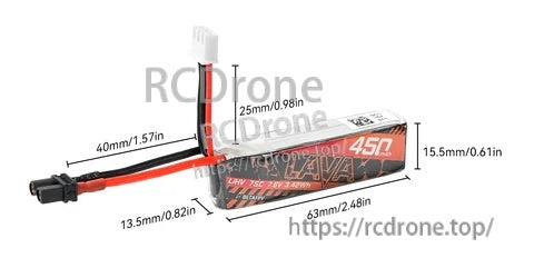 LAVA 2S 450mAh LiHV battery dimensions (63×15.5×13.5mm) with XT30 and JST-XH balance plug