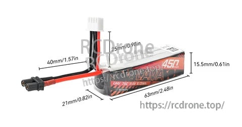 LAVA 3S 450mAh LiHV battery size reference (63×15.5×21mm) with XT30 connector and balance lead