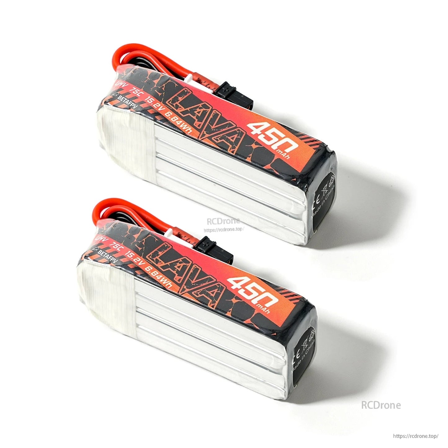 Pair of LAVA 450mAh LiHV batteries showing label side and end caps, connectors tucked along the top