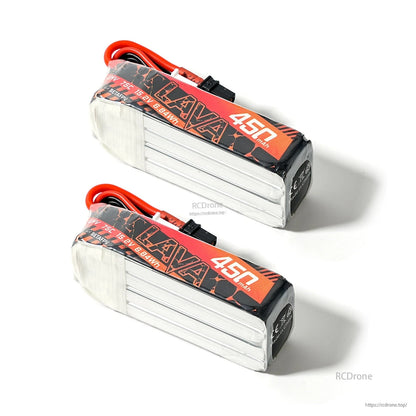 Pair of LAVA 450mAh LiHV batteries showing label side and end caps, connectors tucked along the top