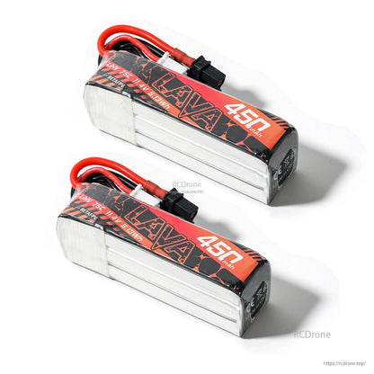 Two LAVA 450mAh LiHV batteries with orange/black wrap, XT30 connector and balance leads, side view