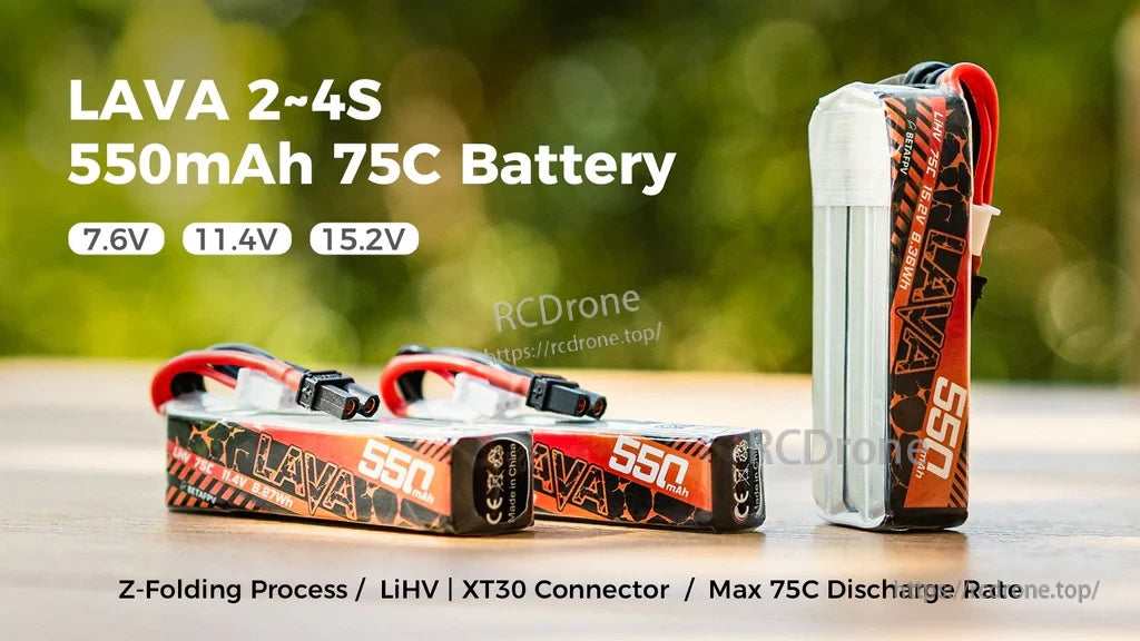 BetaFPV LAVA LiHV 550mAh 75C battery set for FPV drones, 2–4S options with XT30 lead