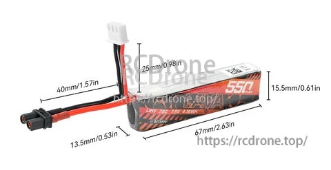 BetaFPV LAVA 2S 550mAh LiHV battery size guide with XT30 discharge lead and JST-XH balance plug