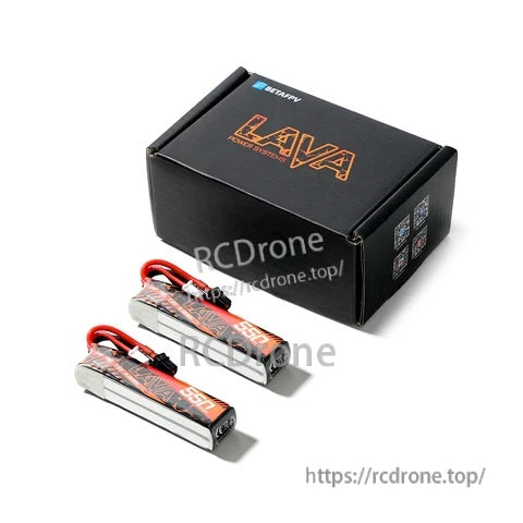 Retail box and two-pack set of BetaFPV LAVA LiHV 550mAh 75C batteries with XT30 connectors