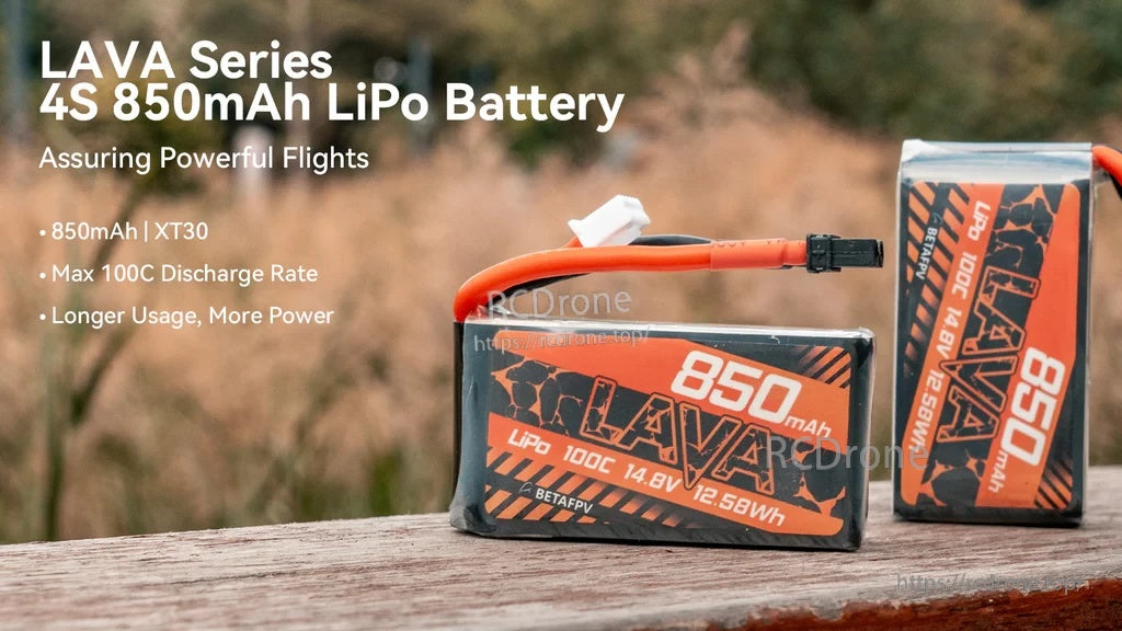 BetaFPV LAVA Series 4S 850mAh LiPo Battery with XT30 lead and 100C label, LAVA orange wrap