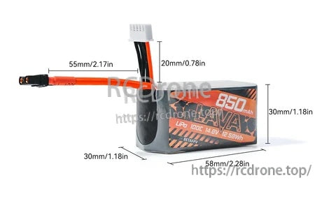 LAVA 4S 850mAh LiPo battery size reference with measurements in mm and inches (58×30×30mm body)
