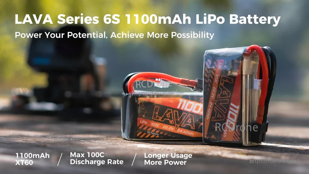 BetaFPV LAVA Series 6S 1100mAh 100C LiPo Battery with XT60 lead on tabletop