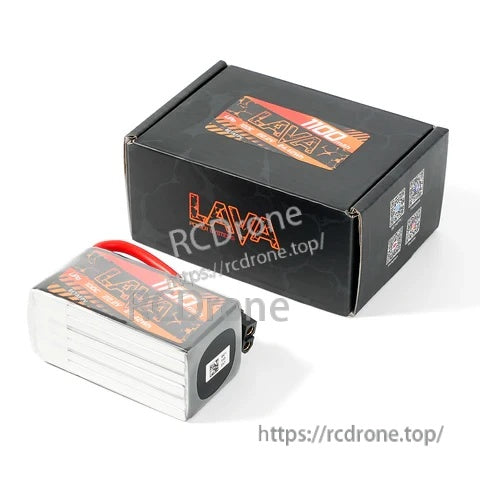 BetaFPV LAVA Series 6S 1100mAh LiPo battery next to retail box packaging