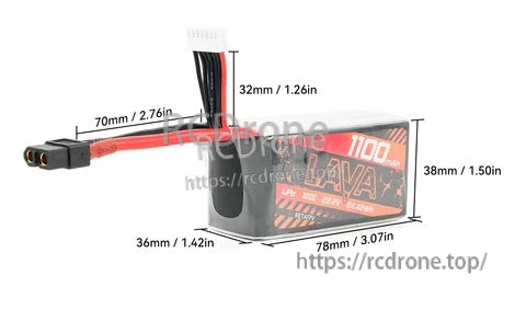Battery dimensions and lead measurements for LAVA 6S 1100mAh LiPo with XT60 connector (78×38×36mm)