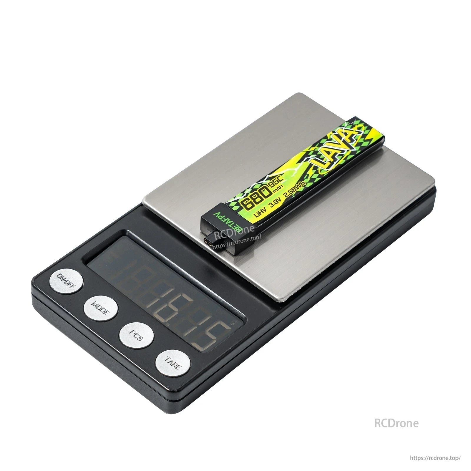 Single 680mAh LAVA II 1S LiHV battery displayed on digital scale, side label visible