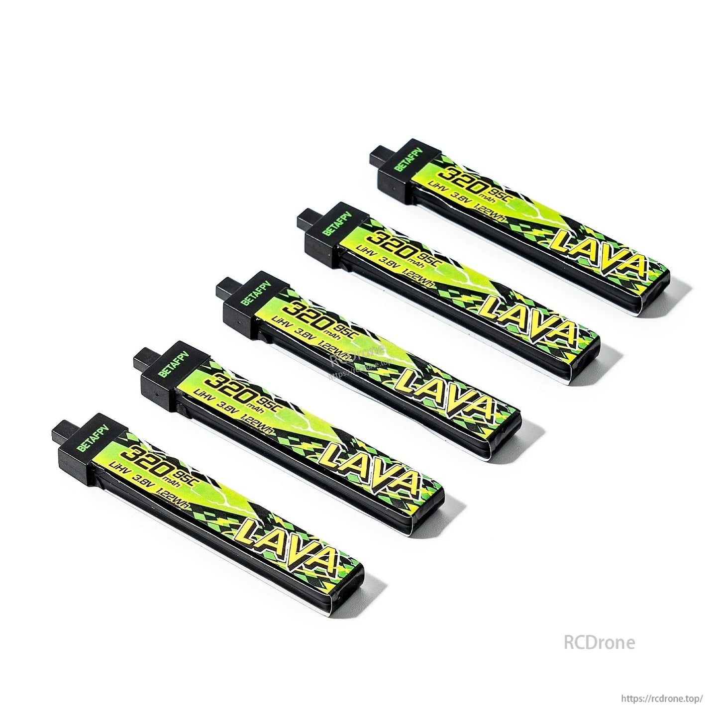 Five 320mAh LAVA II 1S LiHV batteries in angled layout, connector end and wrap design shown