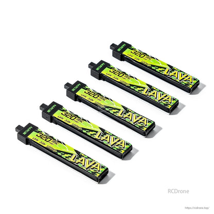 Five 320mAh LAVA II 1S LiHV batteries in angled layout, connector end and wrap design shown