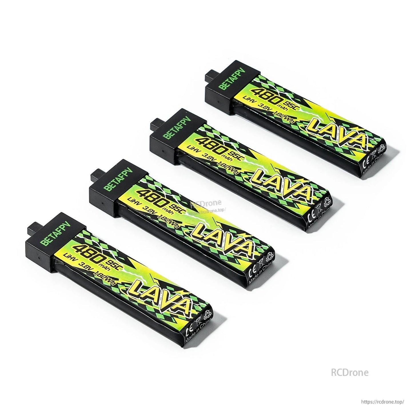 Four 480mAh LAVA II 1S LiHV batteries in angled view showing connector end and end caps