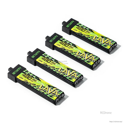 Four 480mAh LAVA II 1S LiHV batteries in angled view showing connector end and end caps