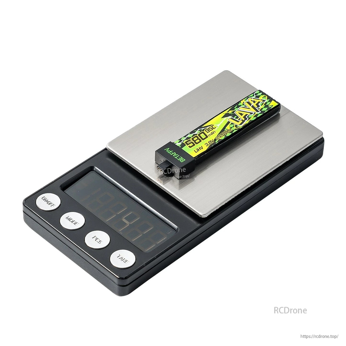 Single 580mAh LAVA II 1S LiHV battery shown on digital scale, label facing up