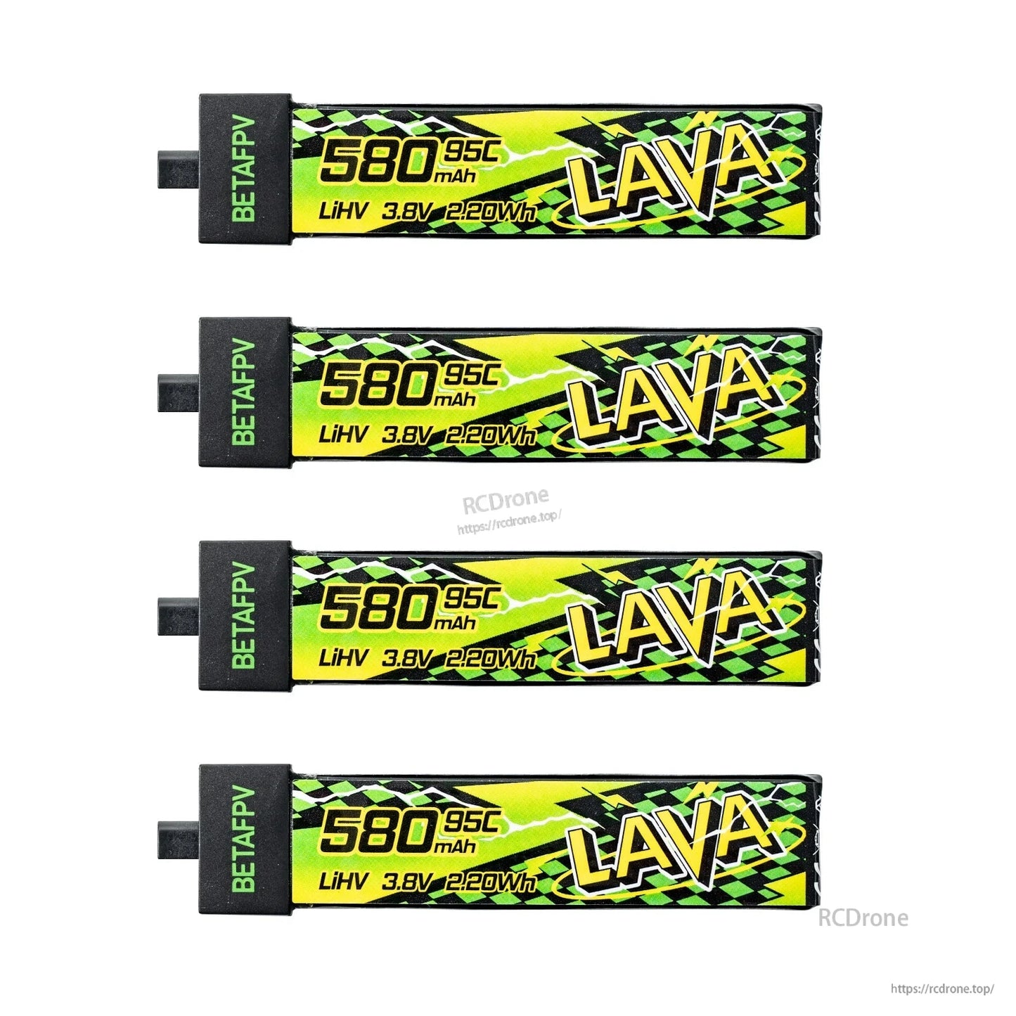 Four LAVA II 1S LiHV battery packs, 580mAh 3.8V 95C, top view with branding
