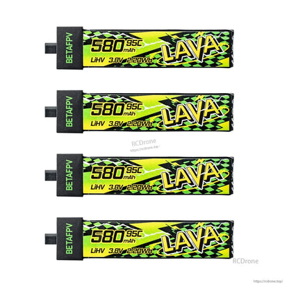 Four LAVA II 1S LiHV battery packs, 580mAh 3.8V 95C, top view with branding