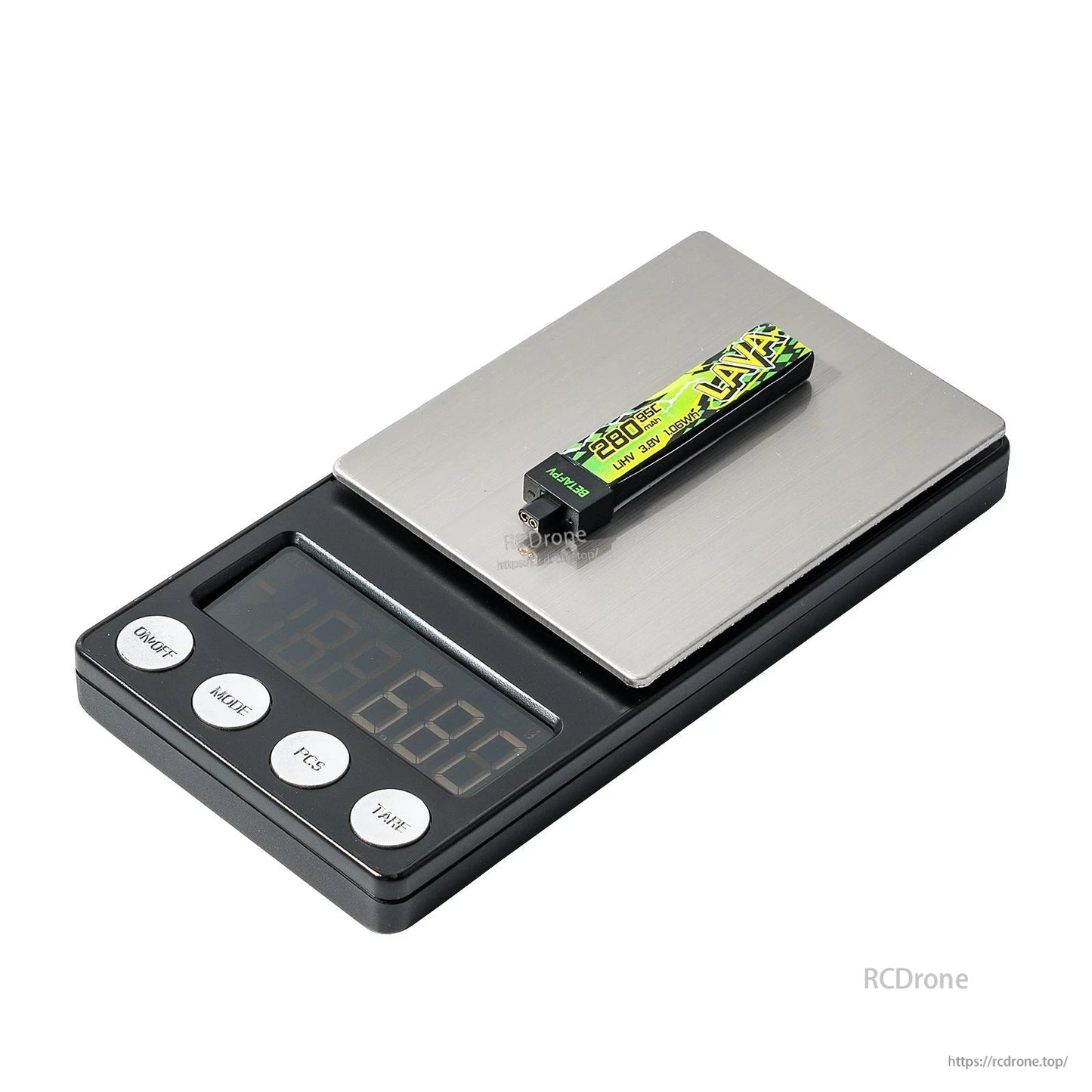 BetaFPV LAVA II 1S Battery (320mAh LiHV 3.8V 95C) shown on a digital scale