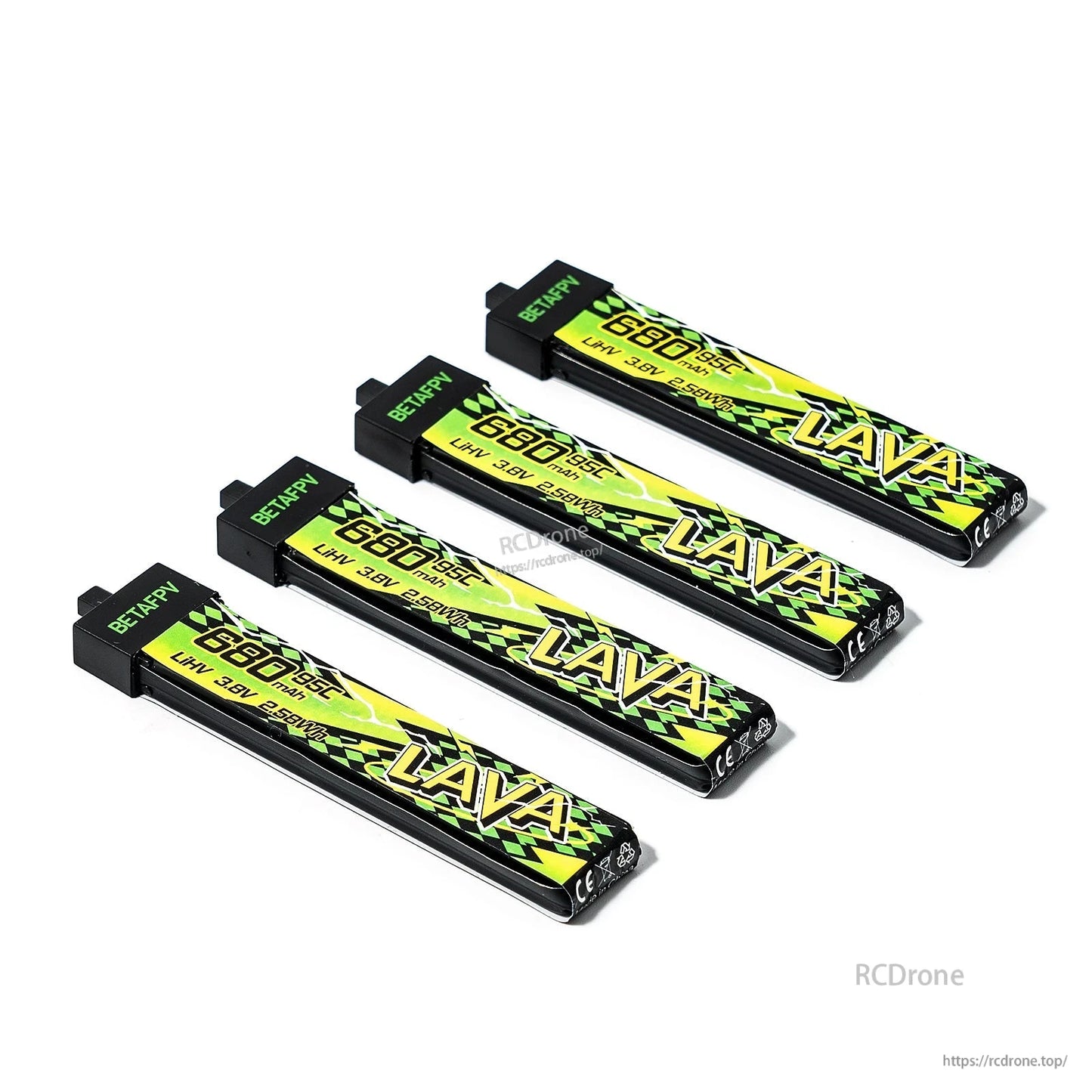 Four 680mAh LAVA II 1S LiHV batteries in angled arrangement showing connector ends