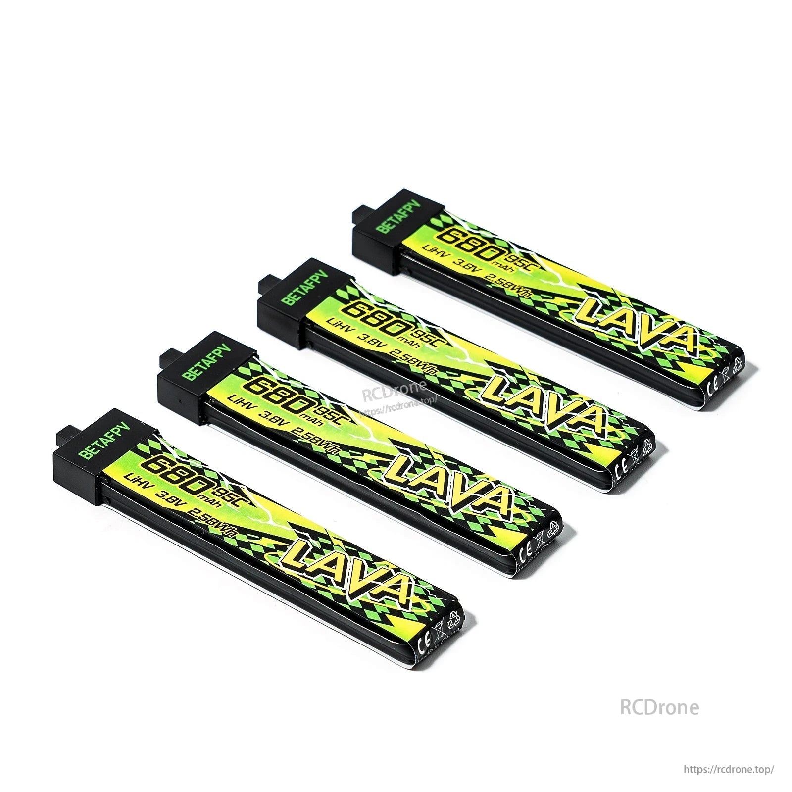 Four 680mAh LAVA II 1S LiHV batteries in angled arrangement showing connector ends