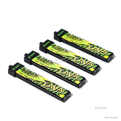 Four 680mAh LAVA II 1S LiHV batteries in angled arrangement showing connector ends