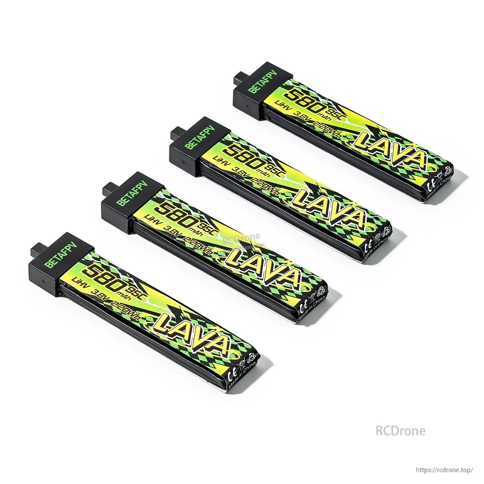 Four 580mAh LAVA II 1S LiHV batteries arranged diagonally, connector ends visible