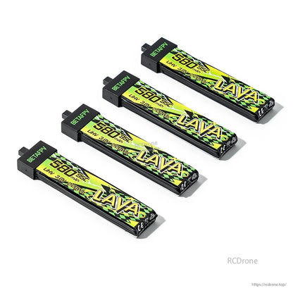Four 580mAh LAVA II 1S LiHV batteries arranged diagonally, connector ends visible