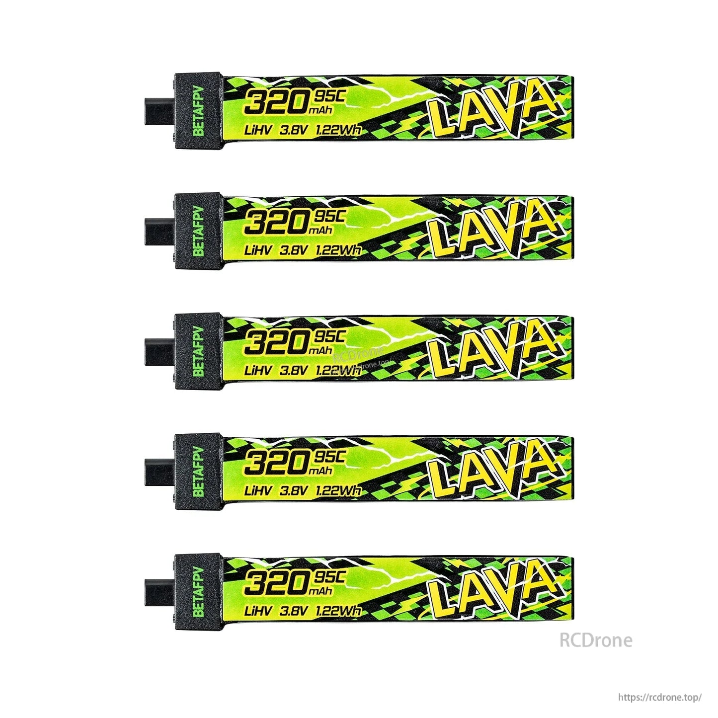 Five LAVA II 1S LiHV battery packs, 320mAh 3.8V 95C, top view with label visible