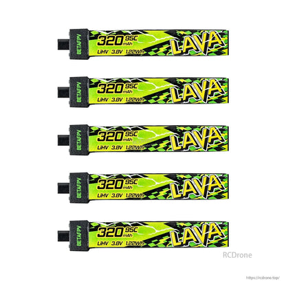Five LAVA II 1S LiHV battery packs, 320mAh 3.8V 95C, top view with label visible