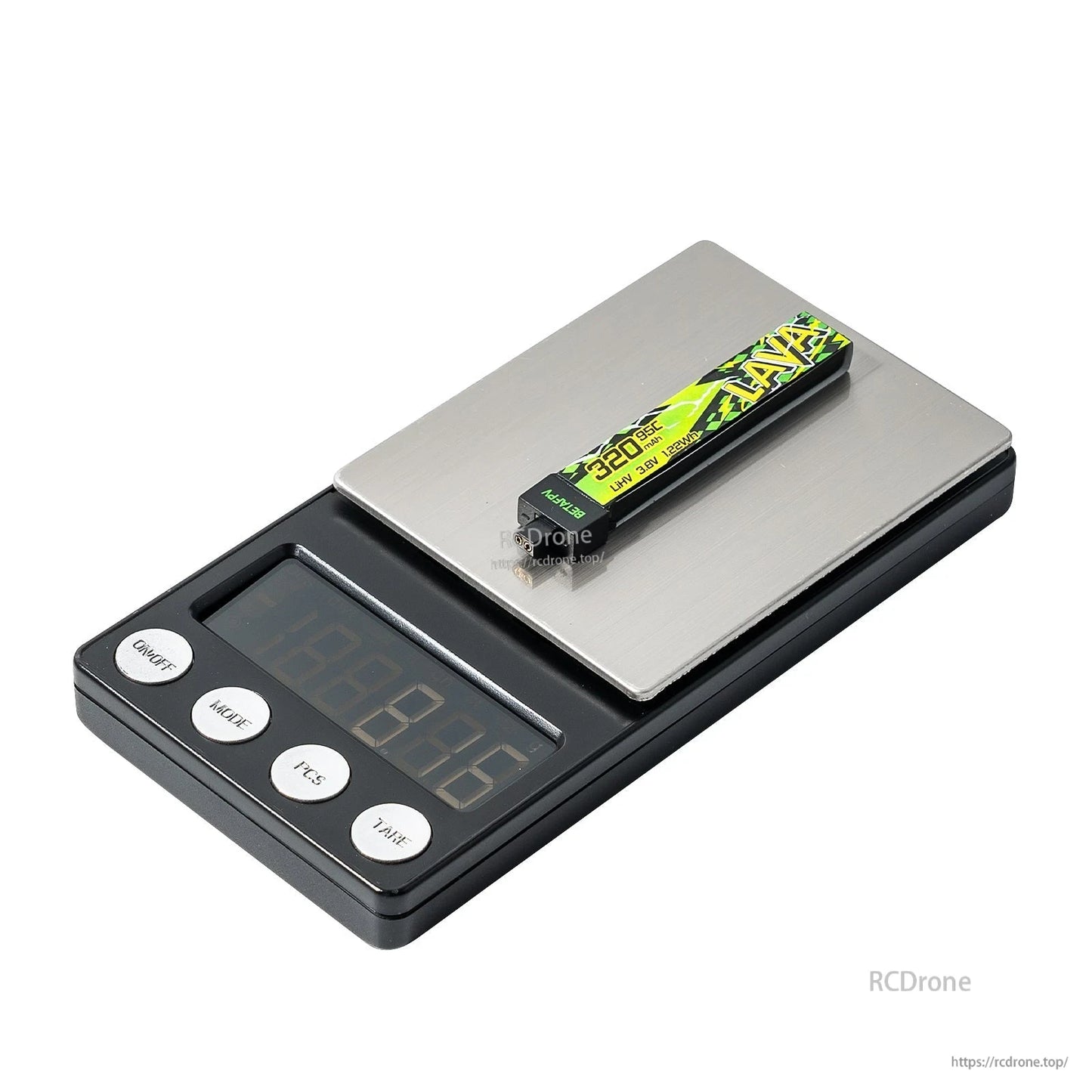 Single 320mAh LAVA II 1S LiHV battery on digital scale, side label and connector end visible