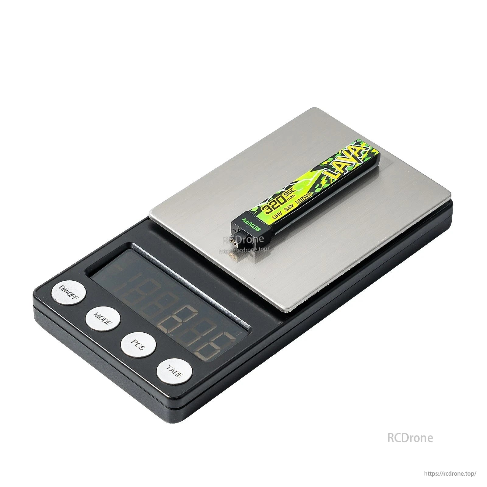 Single 320mAh LAVA II 1S LiHV battery on digital scale, side label and connector end visible