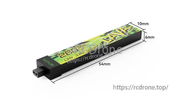 BetaFPV LAVA II 1S 280mAh LiHV battery with BT2.0 plug and size callouts 54×10×6 mm