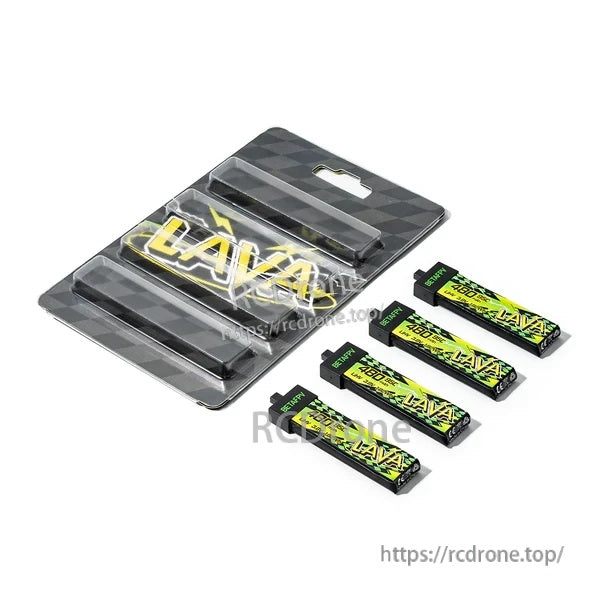 Blister packaging with four LAVA II 1S BT2.0 batteries arranged next to the retail card