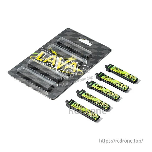 BetaFPV LAVA II 1S Battery retail pack with multiple BT2.0 batteries laid out beside the blister packaging
