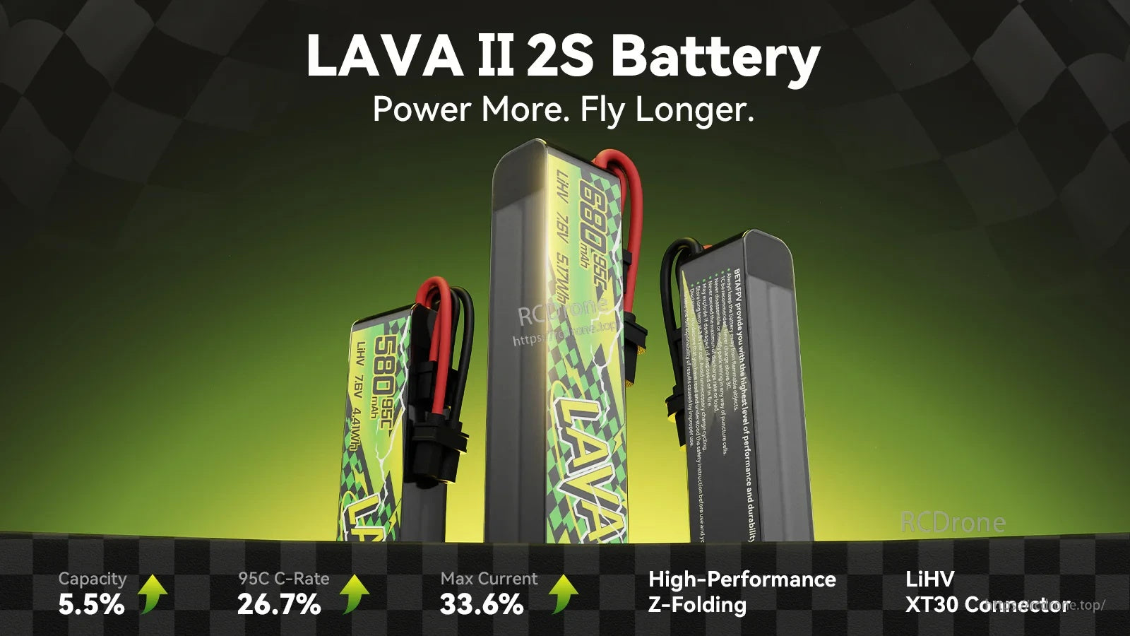 BetaFPV LAVA II 2S LiHV battery lineup with 95C discharge rating and XT30 connector leads