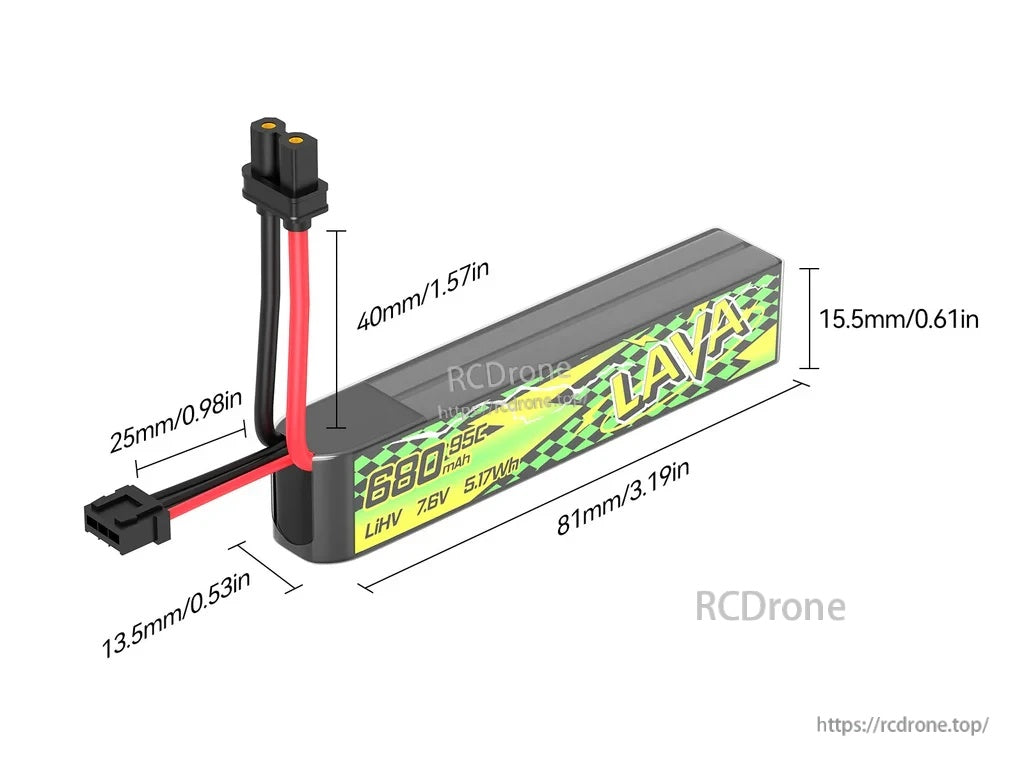 LAVA II 2S 680mAh LiHV battery dimensions 81×13.5×15.5mm with XT30 main lead and balance connector