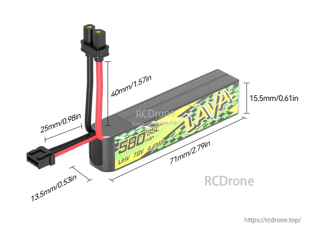 LAVA II 2S 580mAh LiHV battery dimensions 71×13.5×15.5mm with XT30 lead and JST-XH balance plug