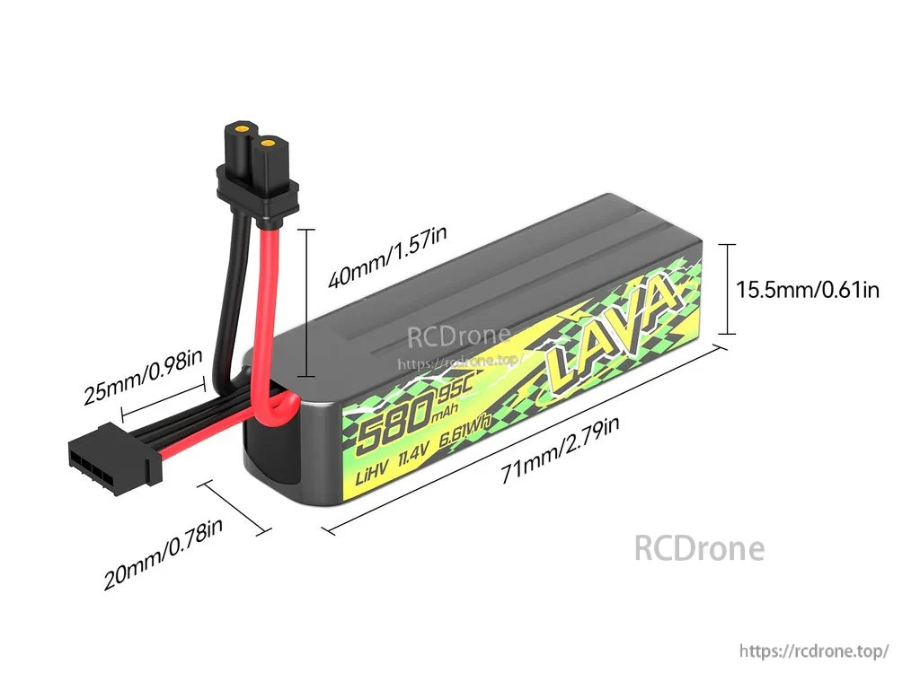 LAVA II 3S 580mAh LiHV battery size diagram with XT30 lead and JST-XH balance plug, 71×20×15.5mm