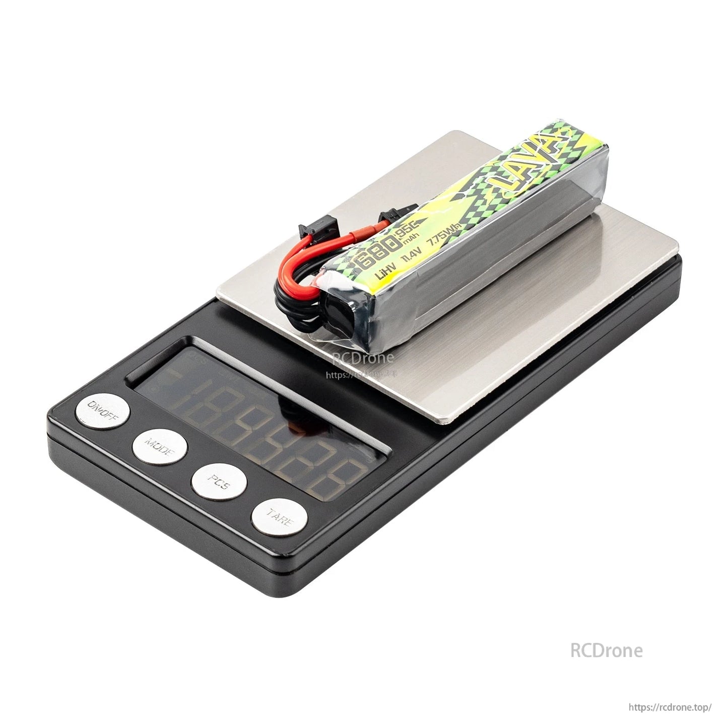 LAVA II 3S LiHV battery on a digital scale, showing size and weight check with XT30 lead