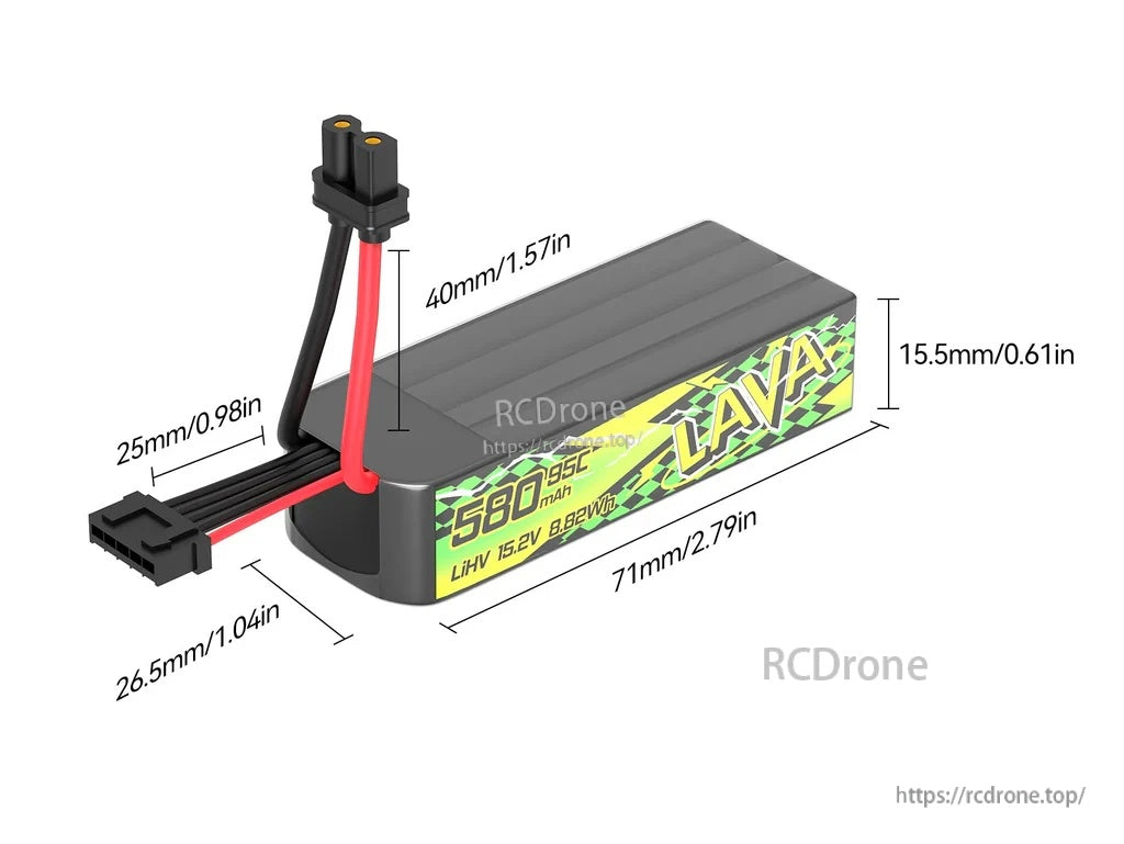 LAVA II 4S 580mAh LiHV battery dimensions (71×26.5×15.5mm) with XT30 lead lengths 40mm and 25mm
