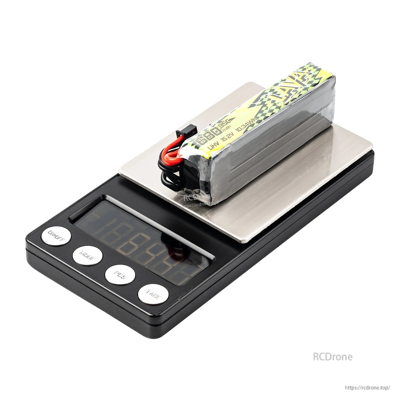 LAVA II 4S LiHV battery placed on a digital scale, showing pack size and balance lead