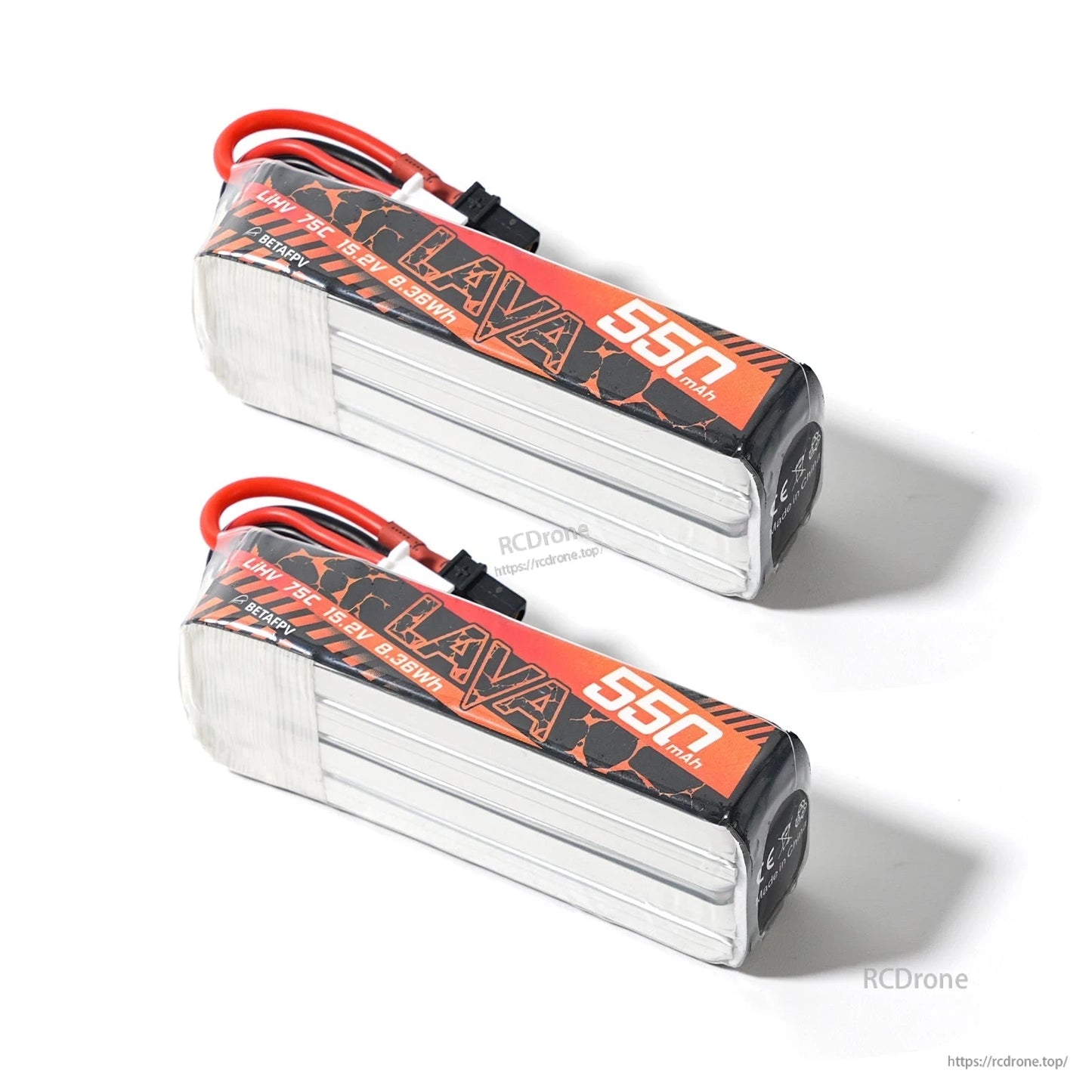 Close view of two LAVA 550mAh packs highlighting the orange LAVA label wrap and cell stack