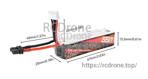 BetaFPV LAVA 3S 550mAh LiHV battery dimensions with XT30 connector lead and JST-XH2.54 balance plug