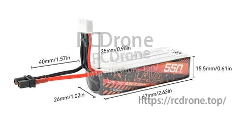BetaFPV LAVA 4S 550mAh LiHV battery dimension diagram, 67mm length with XT30 lead and JST-XH balance plug