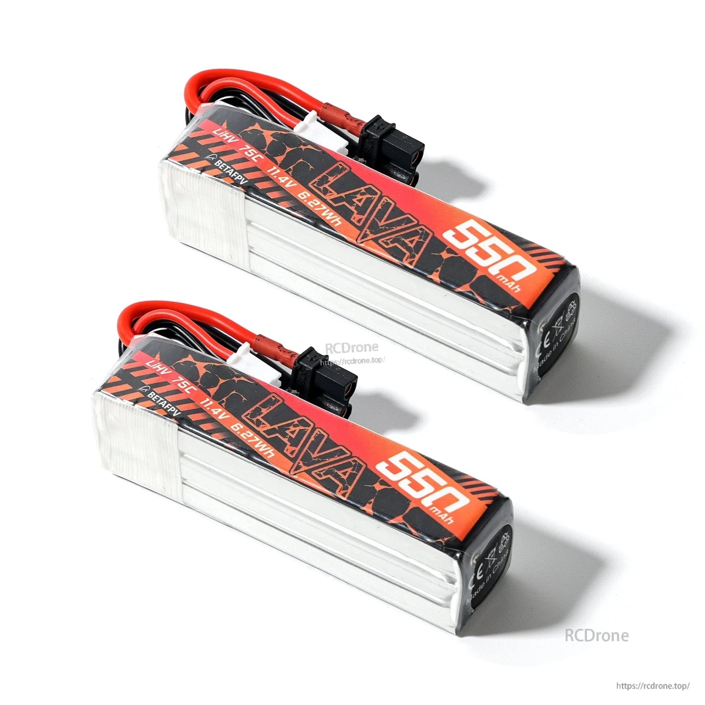 Two 550mAh LAVA LiHV battery packs angled view, showing red/black leads and end caps