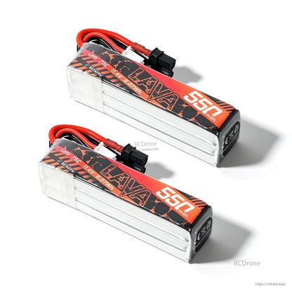 Two 550mAh LAVA LiHV battery packs angled view, showing red/black leads and end caps